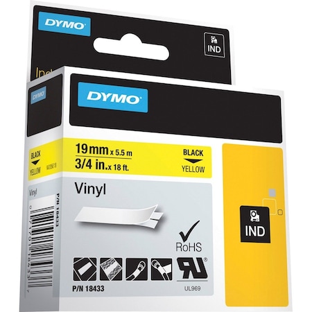 Dymo Tape, Ind, Vnyl, 3/4"-Bk/Yw DYM18433